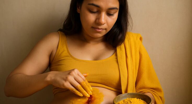 Cup of turmeric milk showing natural remedy, haldi se period kaise laye